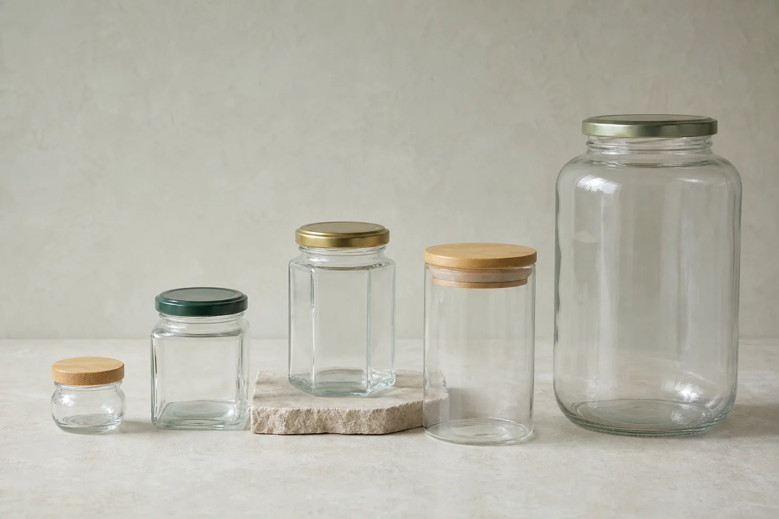 Five clear glass jars in round, square, hexagonal and straight-sided shapes, arranged from 45 ml to 2 L